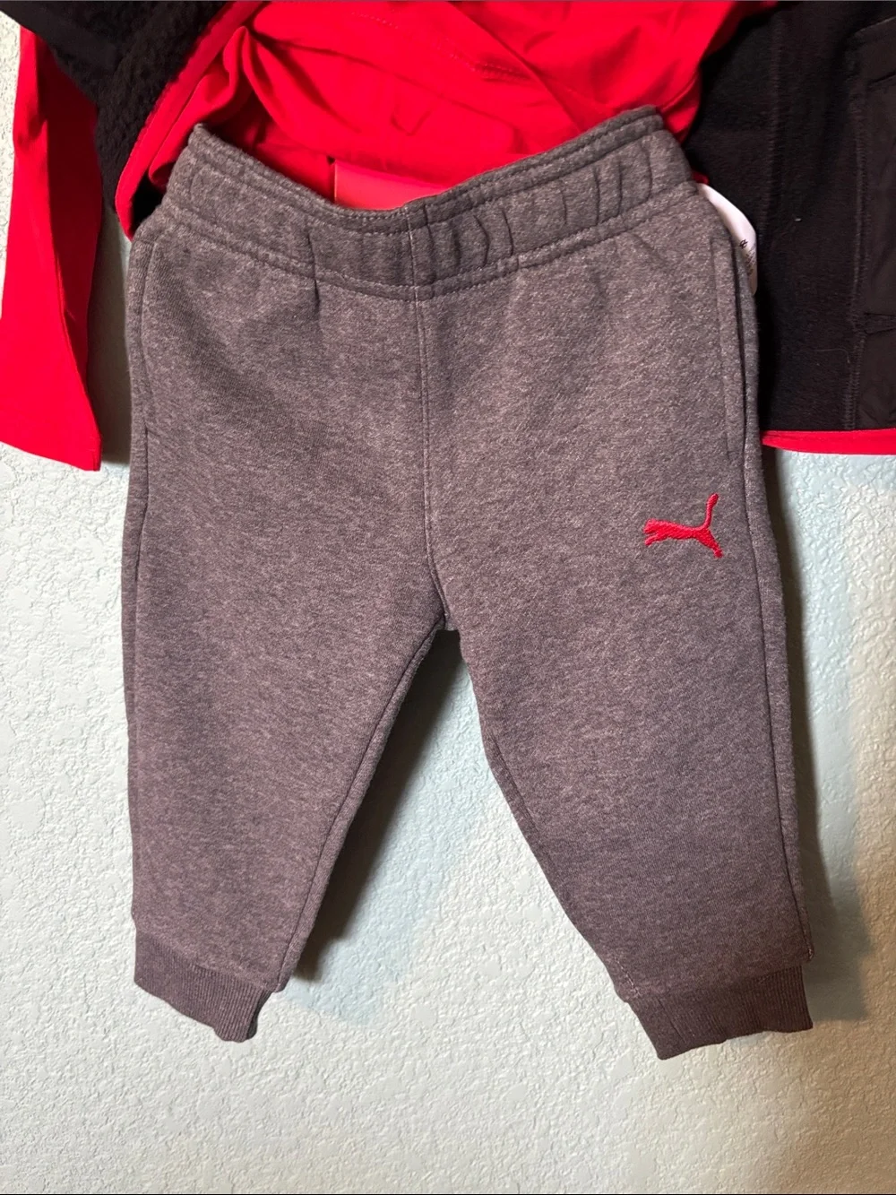 Puma Black Sherpa Vest with Red Long Sleeves Shirt & Gray Joggers, 2T - like new - Picture 4 of 6